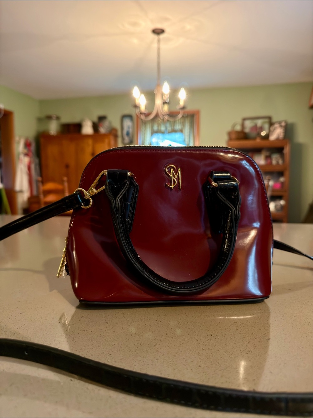 Steve Madden Patent Mini Satchel in Burgundy with Black Trim